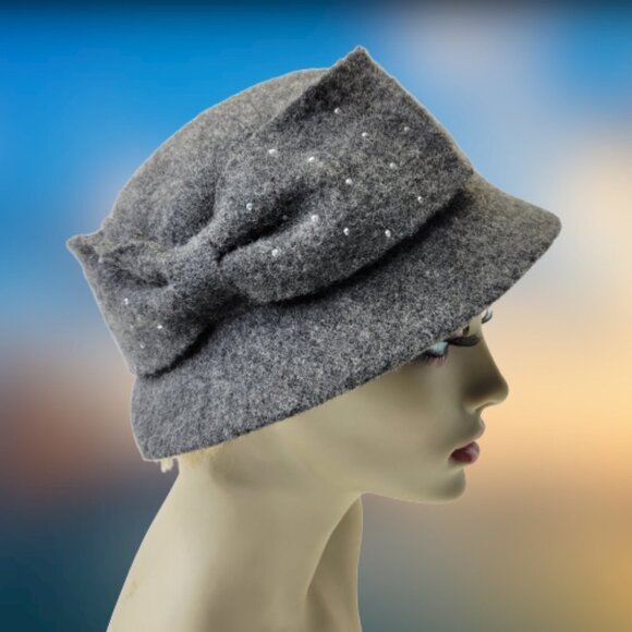 Grey Wool Hat Bow Sequin Accented Cloche Bucket Hat One Size - Picture 7 of 13